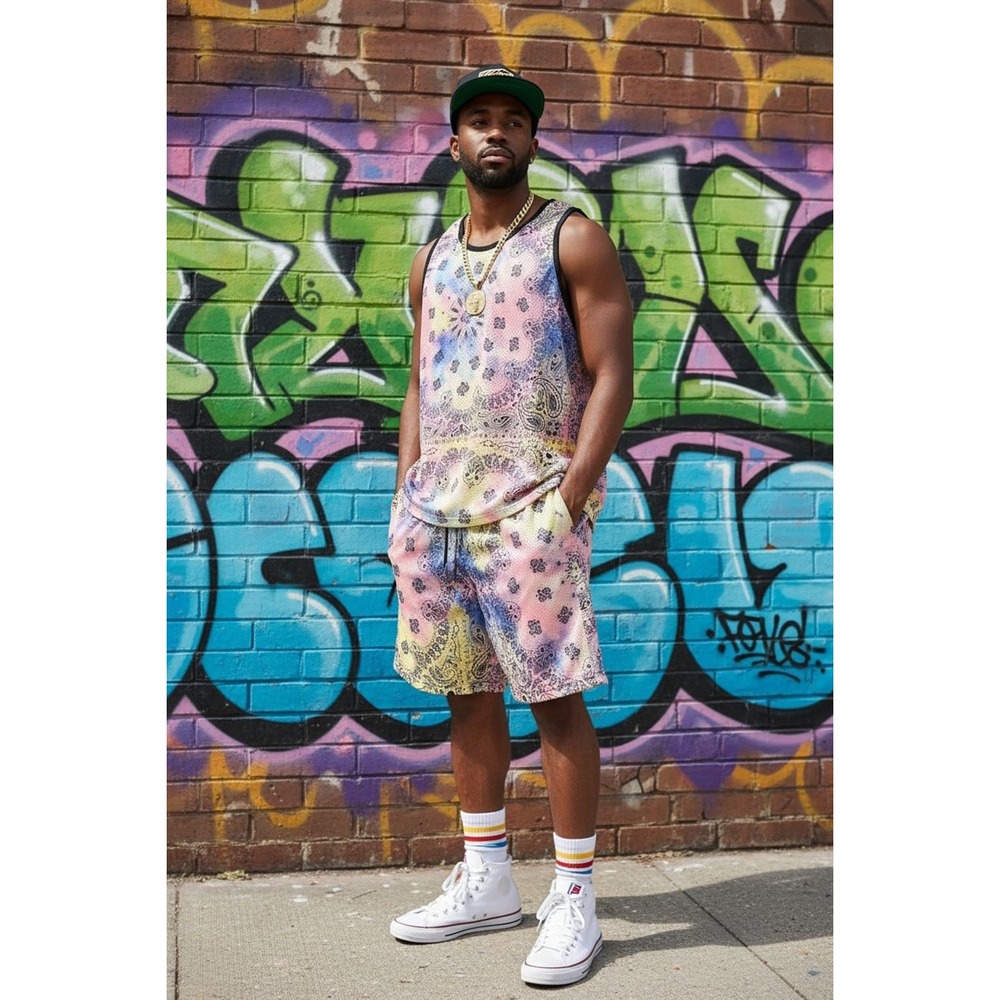 Fresh Prince of Bel-Air Tie-Dye Tank & Shorts Set L authentic 90's‎ Will Smith